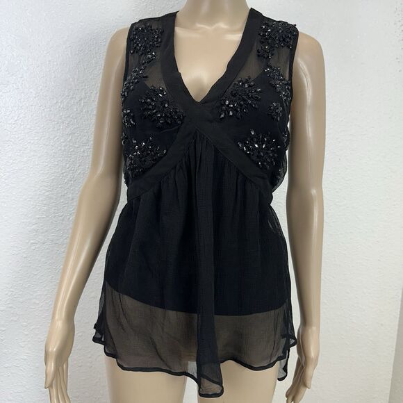 Plenty Tracy Reese Black Chiffon Beaded  babydoll Top Whimsigoth Fairy Y2k Retro - Picture 9 of 10